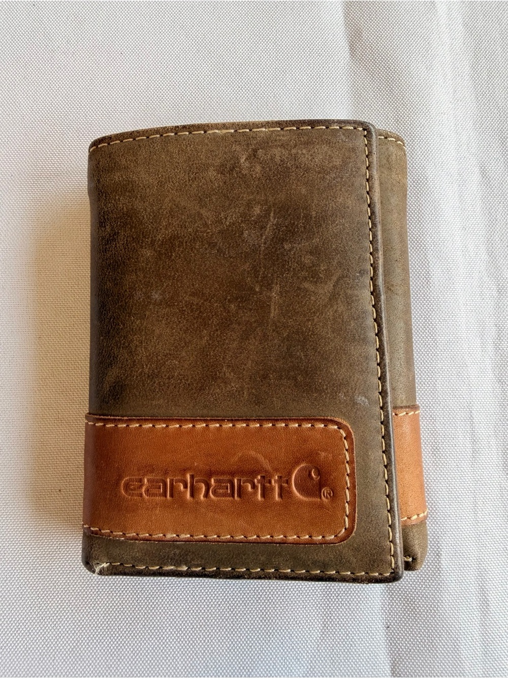 Carhartt Two-Tone Brown Leather Trifold Wallet Canvas Interior